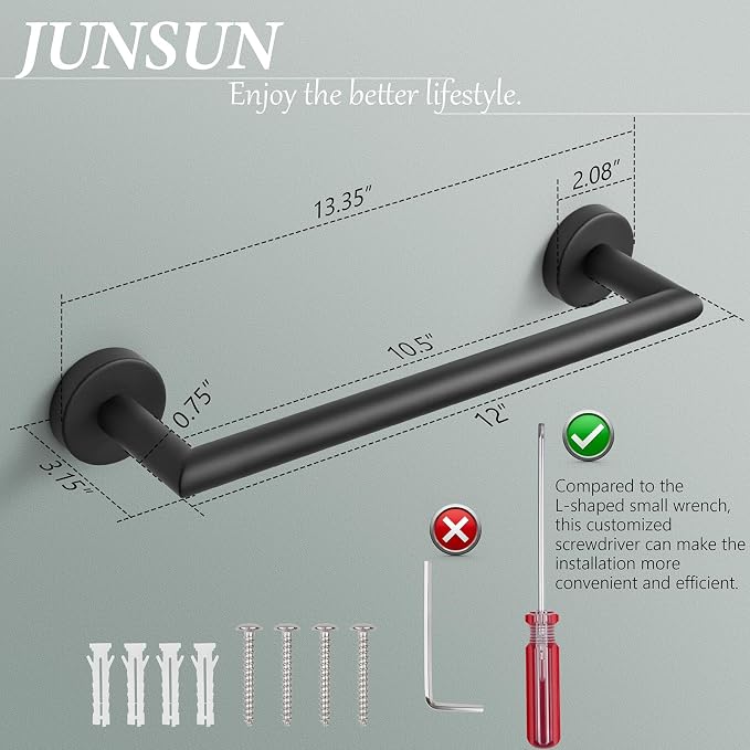 JunSun Bathroom Towel Bar 12 Inch Matte Black Towel Racks Wall Mounted Bath Hand Towel Holder Modern Home Decor Towel Rods Bathroom Hardware Stainless Steel Towel Hangers Towel Rail Single Towel Bars