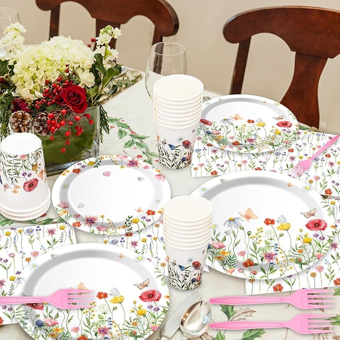 Wildflower Party Plates and Napkins supplies, Floral Paper Plates Wildflower Baby ShowerDecorations Tableware for Spring Summer Pinic Wedding Birthday Tea Party Service 24 Guests