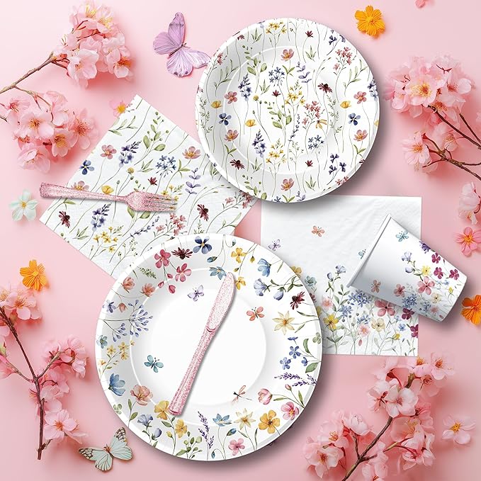 Wildflower Party Supplies, Floral Party Decorations Tableware, Plate, Napkins, Cup, Cutlery, Tablecloth, Backdrop, Banner, Spring Summer Flower Decorations For Birthday, Baby Shower, Serve 24