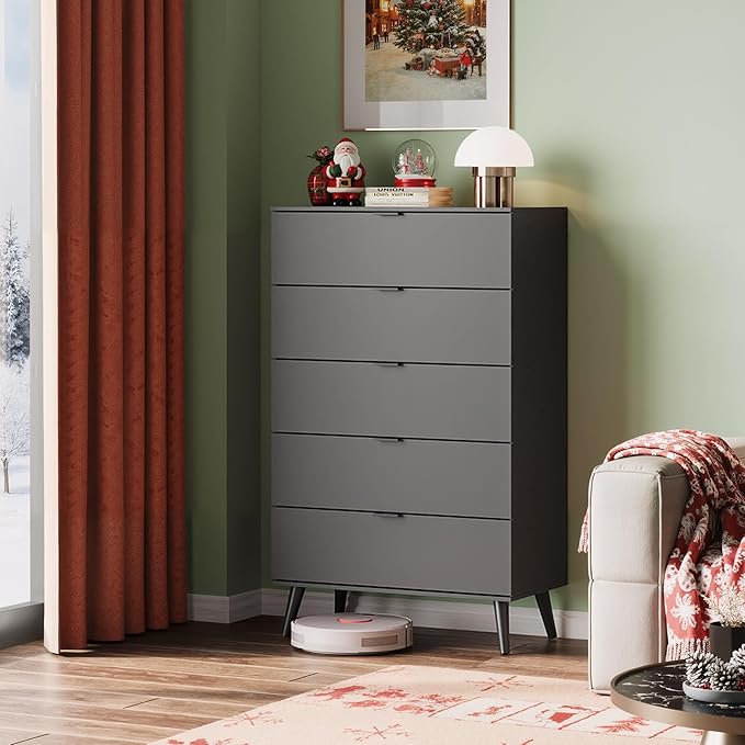 WLIVE 5 Drawer Dresser for Bedroom, Tall Wooden Dresser, Black Dressers Storage Organizer with Sturdy Metal Handle, Chest of Drawers for Living Room, Hallway, Closet
