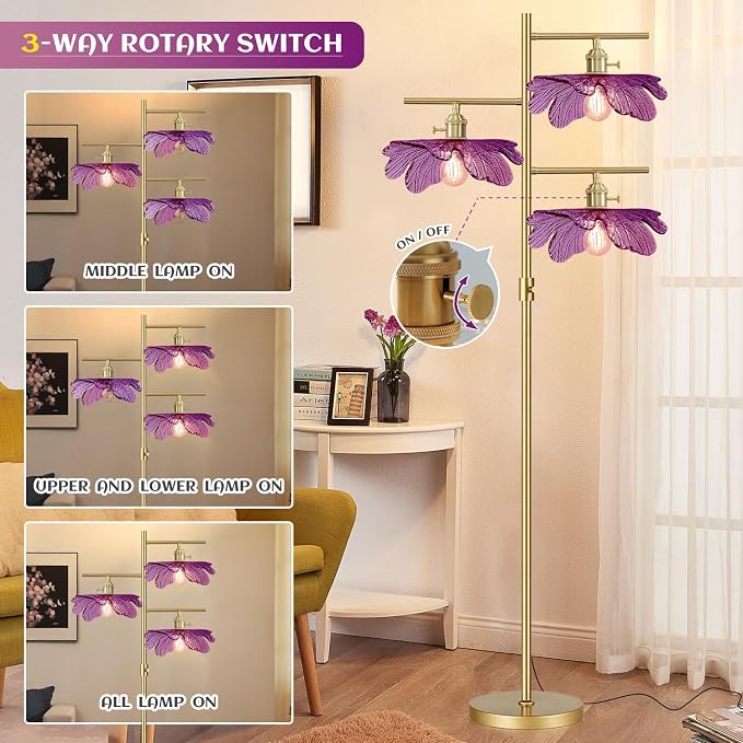 Dimmable tall floor lamp for Living Room 65" mid century modern floor lamp ,3 Lights Gold Standing Lamps vintage floor lamps Purple glass Flower floor light for Bedroom corner Study Office Home