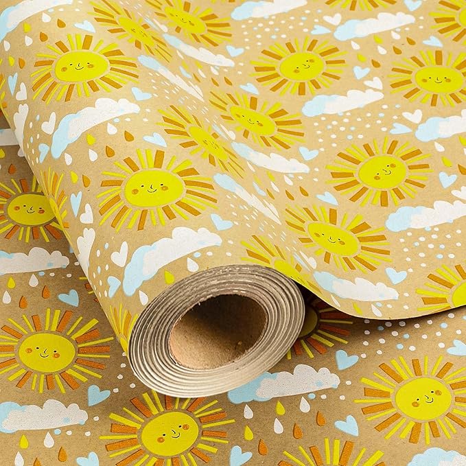 MAYPLUSS Kraft Baby Shower Wrapping Paper, Recyclable Sunshine, Cloud & Heart Design Baby Gift Wrap Paper for Children Birthday, Party, Holiday, Cute Wrapping Paper Mini Roll (17 Inch X 16.5 Feet)