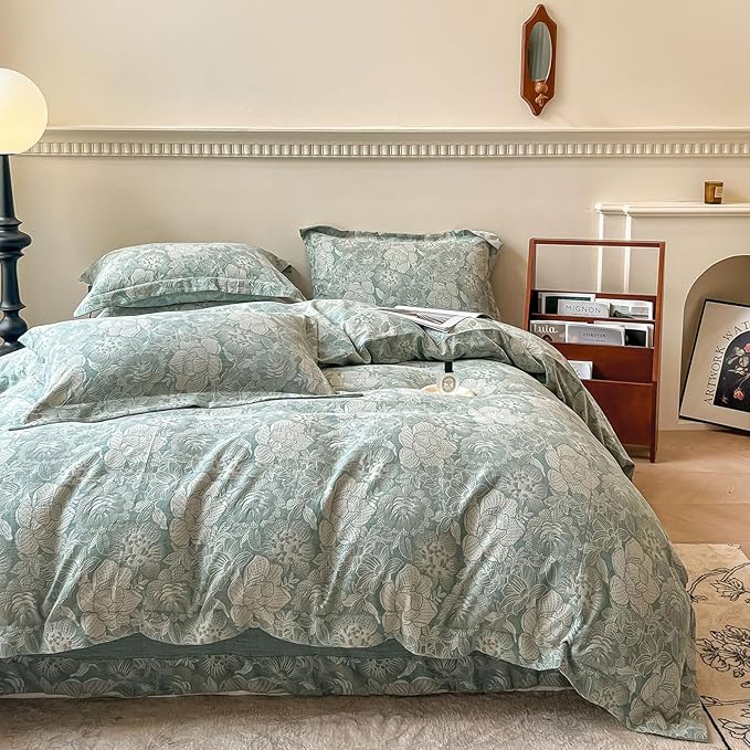 VM VOUGEMARKET Jacquard Flower Duvet Cover King with 2 Pillow Shams,Sage Green Bedding Set,Soft Breathable Yarn-Dyed Cotton Comforter Cover with Zipper Closure-King
