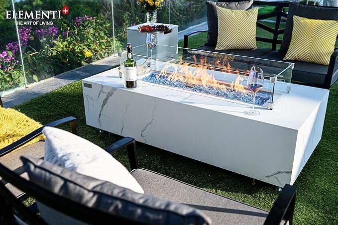 Elementi+ | Bundle Carrara Gas Fire Pit | Marble Porcelain & Metal Frame | 60" Rectangular Fire Table | Electronic Ignition | Canvas Cover, Fire Glass & Burner Lid Included | White | Natural Gas