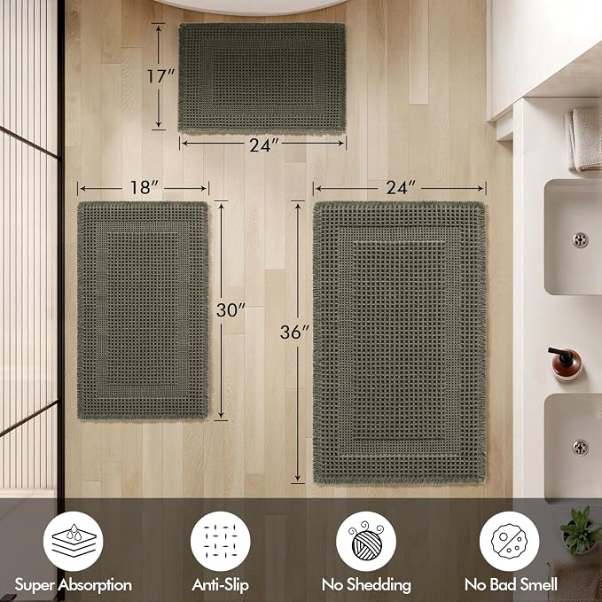 MIULEE Set of 2 Waffle Bathroom Rugs, Boho Bath Rug Super Absorbent, Non Slip Washable Ultra Soft Rubber Backed Shower Bath Mats for Floor, Tub, Shower, Looped Design, Green, 17"x24"+18"x30"