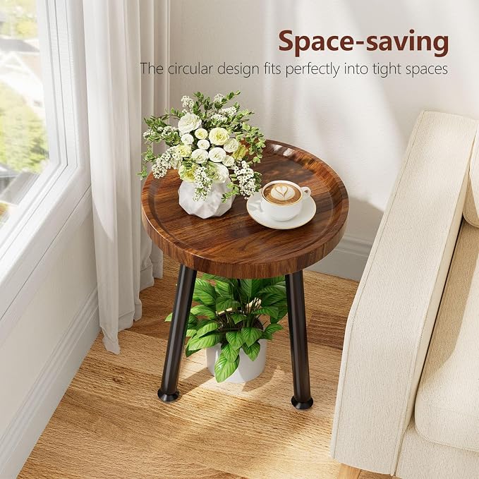 Ekisemio 2-Pack Plant Stands Outdoor Indoor, Mid Century Side Tables with Walnut Finish & Raised Edge, Small End Table for Living Room (12.5"x18")