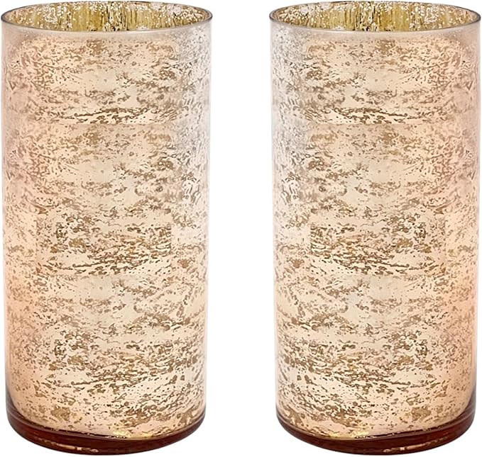 Hosley Set of 2 Mercury Rose Gold Glass Vases – Stylish Decorative Vessels for Boho Home Decor, Weddings, Events, Gifts, Table Centerpieces, and Creative DIY Craft Projects