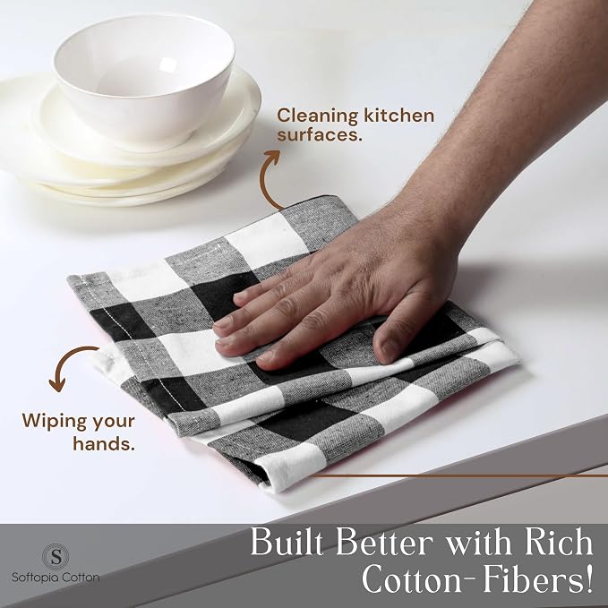 Black Buffalo Plaid Kitchen Dish Towels, 4 Pack, 100% Cotton, 16x26 Inches, Super Absorbent, Quick Dry, Soft, Durable, Dish Drying & Cleaning Towels with Hanging Loop, Black & White