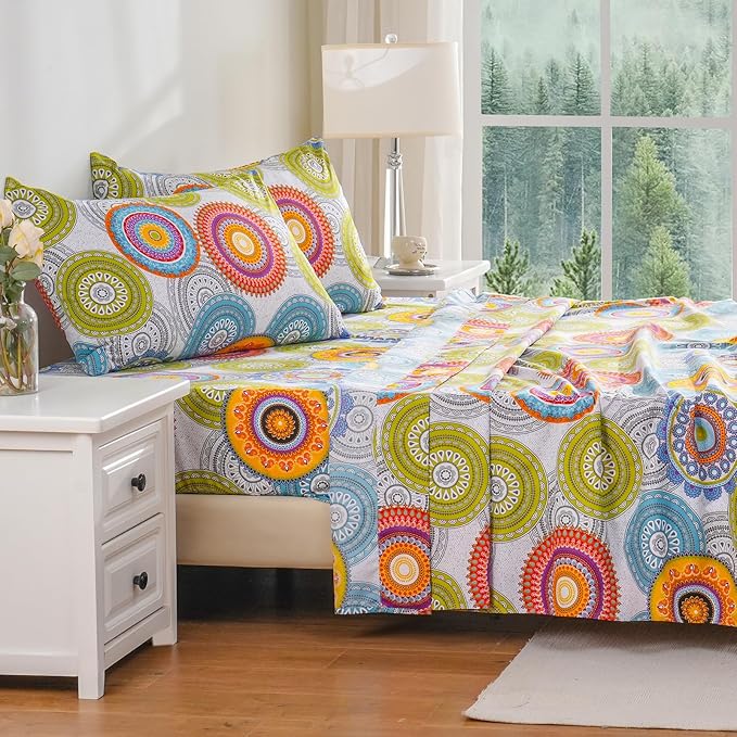 Bedlifes California King Sheet Set Ultra Soft, Breathable, Silky Flower Deep Pocket 100% Microfiber Bedding, 4 Piece Cal King Size Mandala Patterned
