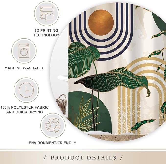 Glawry Abstract Mid Century Shower Curtain Green Retro Boho Tropical Palm Tree Sun Arch Bathroom Modern Minimalist Aesthetic 72Wx72L Inches Bath Accessories Art Home Decor Fabric 12 Pack Hooks