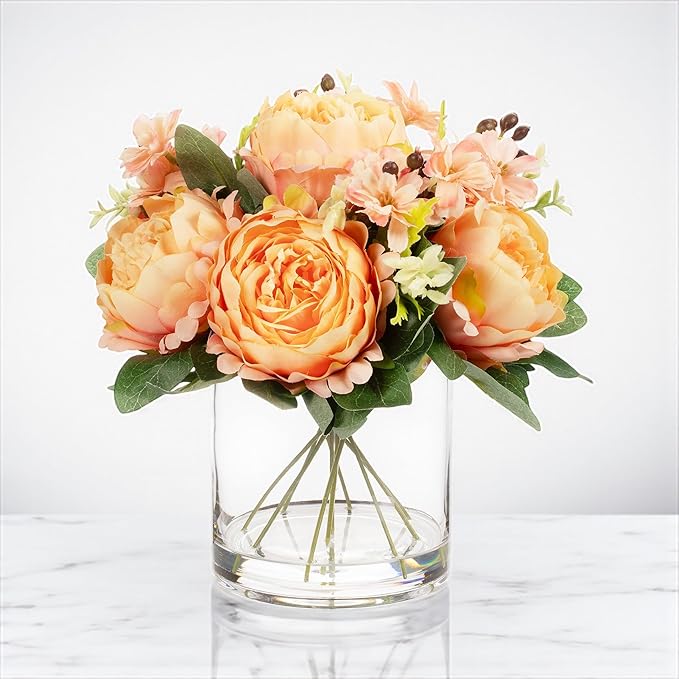 ENOVA FLORAL Artificial Flower Arrangement with Vase,Mixed Artificial Fake Silk Peony Flower in Vase for Decoration Home Office, Wedding Centerpiece (Orange01)