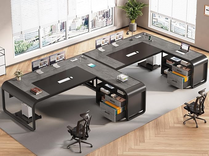 SEDETA 63 Inch Executive Desk, Large Office Desk with File Drawer, L Shaped Desk with Drawers, Computer Desk with Mobile CPU Stand, Storage Shelves, Power Outlets for Home Office, Gray