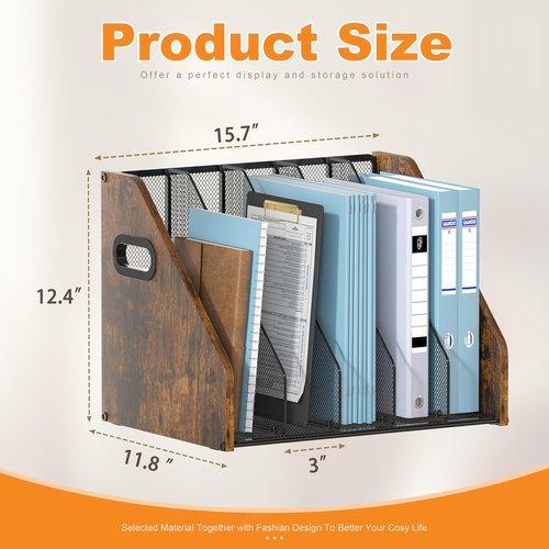 Piskyet Binder Organizer - Wooden Desk File Holder with 5 Vertical Compartments | Ideal for Office & Home