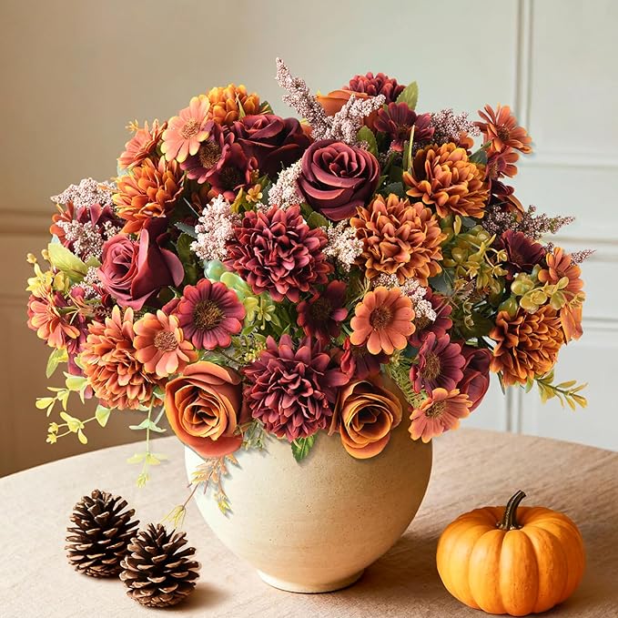 Homsunny Artificial Fake Fall Flowers Centerpieces for Table Decoration, 4 Pcs Faux Silk Flower Arrangements with Mums Chrysanthemum Rose Daisy Floral Bouquets for Home Wedding Party Autumn Decor