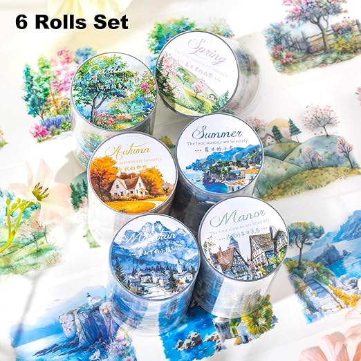 AuriicLeaf Four Seasons PET Tape Set, 6 Rolls Pre-Cut Scenic Landscape Stickers for Scrapbooking, Journaling, DIY Crafts, and Gift Wrapping