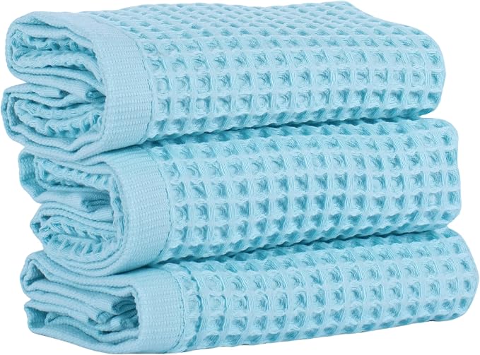 PÜSKÜL Natural 100% Turkish Cotton Waffle Kitchen Towels Set of 3 | Oeko-Tex, Premium Waffle Hand Towels for Bathroom | Soft Absorbent Quick-Dry Lint-Free Dish Towel Large 32x16 inch (3, Turquoise)
