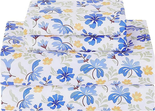 Softan Vintage Blue Floral Queen Bed Sheets, Cozy Microfiber Flower Printed Sheets with 15" Deep Pocket Fitted Sheet & Non-Slip Straps, Patterned Floral in Blue & Amber Sheets & Pillowcase Set