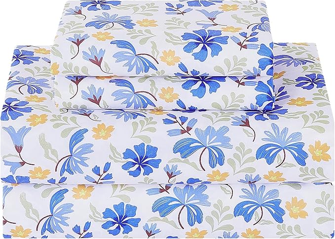 Softan Vintage Blue Floral Twin Bed Sheets, Cozy Microfiber Flower Printed Sheets with 15" Deep Pocket Fitted Sheet & Non-Slip Straps, Patterned Floral in Blue & Amber Sheets & Pillowcase Set