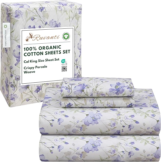 RUVANTI 100% Organic Cotton Sheets California King, Percale Weave, GOTS Certified, 4-Piece Set, Deep Pocket 13", Crisp & Breathable, Soft Durable Bedding, Sábanas Algodón Orgánico - Heather