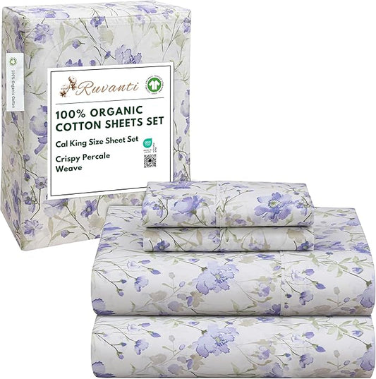 RUVANTI 100% Organic Cotton Sheets California King, Percale Weave, GOTS Certified, 4-Piece Set, Deep Pocket 13", Crisp & Breathable, Soft Durable Bedding, Sábanas Algodón Orgánico - Heather