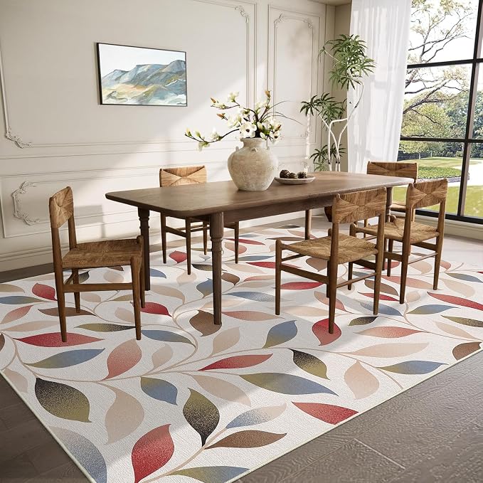 9x12 Area Rug Washable Boho Vintage Rug for Living Room Low Pile Soft Bedroom Rugs Non Slip Boho Indoor Large Carpet Thin Foldable Distressed Leaves Carpet for Nursery Dining Room Playroom, Beige Red