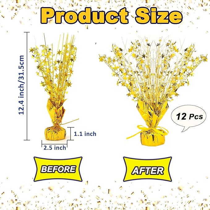 12 Pack Metallic Foil Spray Centerpiece Star Table Decoration Burst Table Centerpieces for Birthday New Years Nye Wedding Anniversary Graduation Holiday Party Supplies Decor, Gold