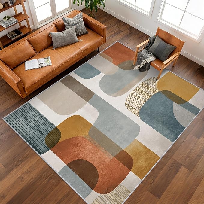 5x6 Mid Century Geometric Rugs for Bedroom Decor, Washable Mid Century Modern Pattern Area Rug, Living Room Home Decoration, Non Slip Soft Thin, Modern Abstract Decor Carpet PF-P 117