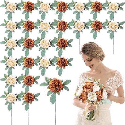 Zeyune 50Pcs Wedding Artificial Peonies 4 Inch Fake Silk Peony Faux Artificial Valentine Flower Bulk Rose Flower Head for Valentine Decoration Vintage Wedding Home Office(Orange and Milky White)