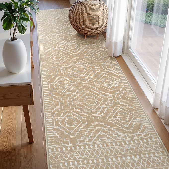 Wonnitar Moroccan Washable Area Rug 4x6, Non-Slip Rugs for Living Room, Boho Bedroom Throw Mat, Geometric Low Pile Floor Carpet for Home Office Mudroom Kitchen (Kakhi,4'x6')