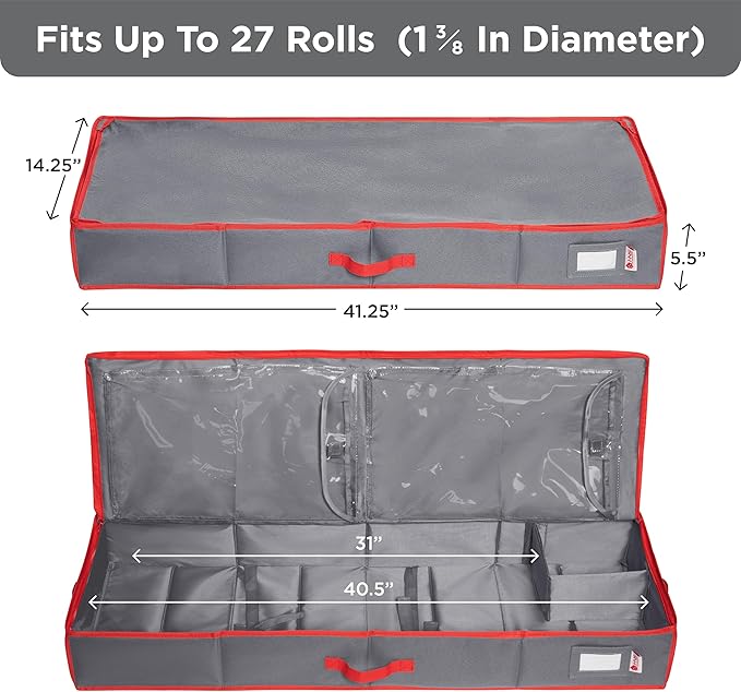HOLDN' STORAGE Premium Wrapping Paper Storage Container - Durable 600D Tear-Proof, Fits 27 Rolls Gift Wrap, Extra Pockets for Ribbons & Bows, Underbed Storage - Ideal for Holiday Christmas, Grey/Red Trim