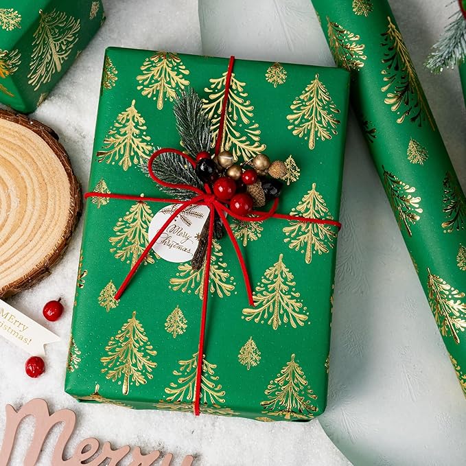Flyhill Kraft Christmas Wrapping Paper, Green 3D Embossed Gold Foil Christmas Pine Tree with Woodlands Wrap Paper for Holiday, Party,Celebration, New Year (17 Inch X 32.8 Feet)