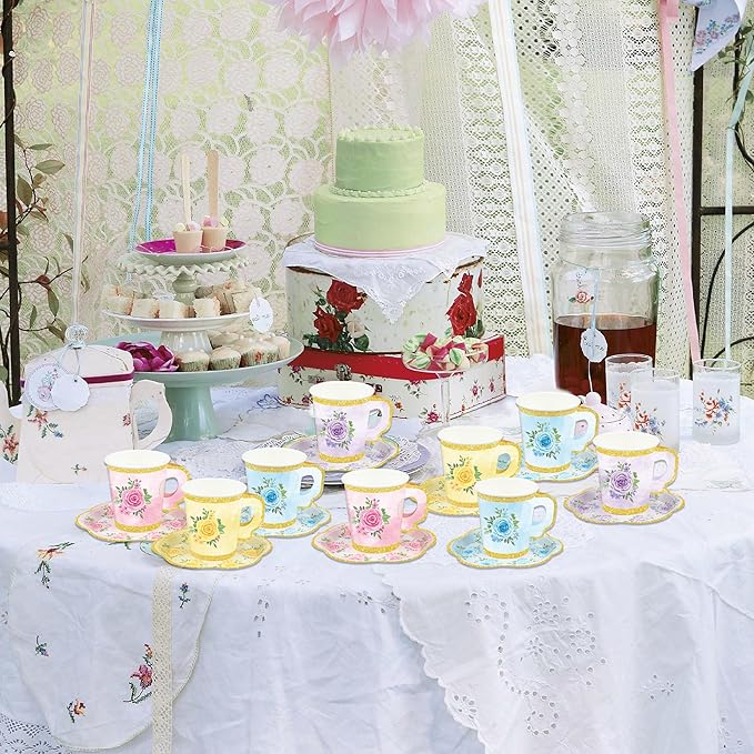 48 Sets Floral Paper Tea Cups and Saucers Disposable Tea Party Supplies Colorful Flower Teacups with Handle and Plates for Hot Cold Drink Wedding Birthday Party Baby Shower