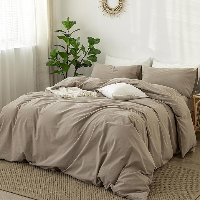 MooMee Bedding Duvet Cover Set 100% Washed Cotton Linen Like Textured Breathable Durable Soft Comfy (Solid Mocha Brown, Oversized King Plus 128"x120")