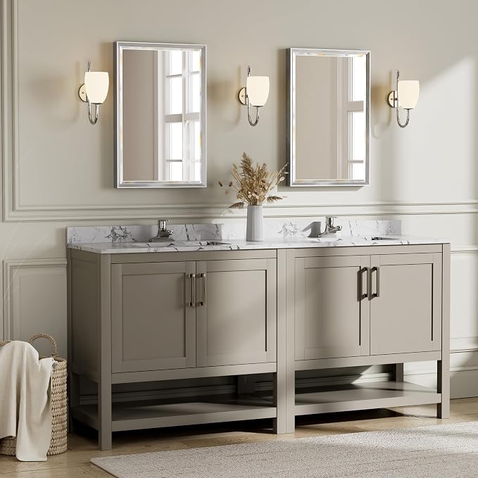 Silver Bathroom Mirror, 16''x 24'' Beveled Bathroom Mirror for Wall, Rustproof Rectangle Silver Framed Mirror for Bathroom Vanity, Vertical/Horizontal Easy Installation