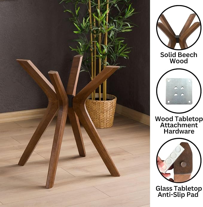 Mid Century Solid Beech Wood Modern Dining Table Base Only, Pedestal Table Bases, Wooden Legs for Kitchen Tables, Glass Top Wood Top Assembly Tools (Glass Tabletop Anti-Slip Pads, Walnut)