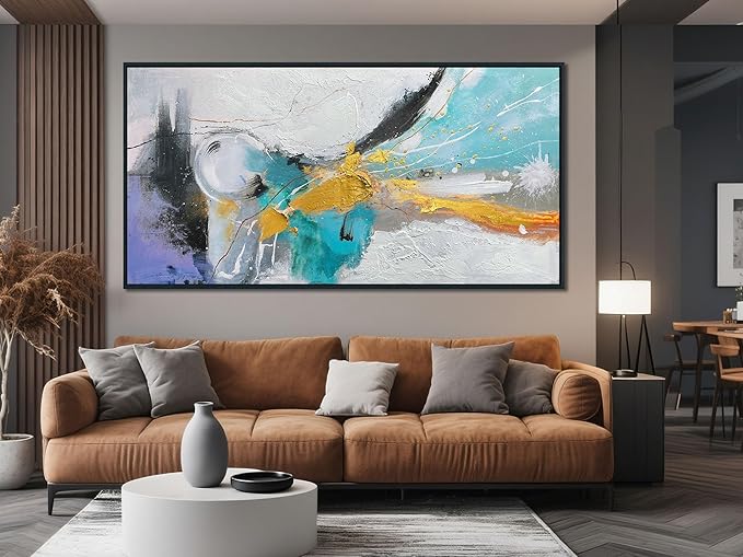 Arjun Large Abstract Wall Art for Living Room Black and White Canvas Painting for Mens Room Textured Modern Picture Bedroom, Black Wood Framed for Home Office Wall Decor Extra Large 58"x29"