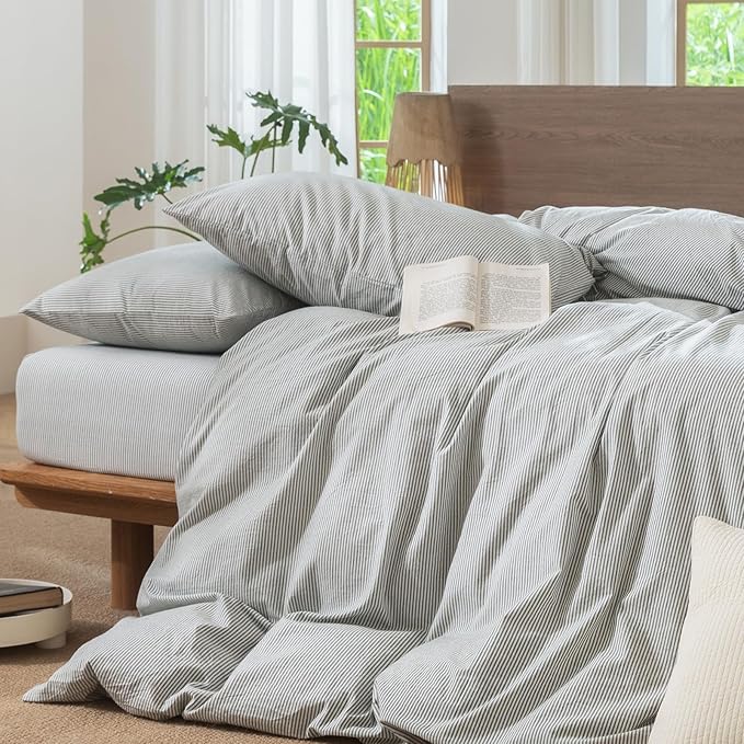 MooMee Striped Duvet Cover Set 100% Washed Cotton Linen Like Textured Breathable Durable Soft Comfy (Heathered Green Pinstripes, Super Queen 90"x98")