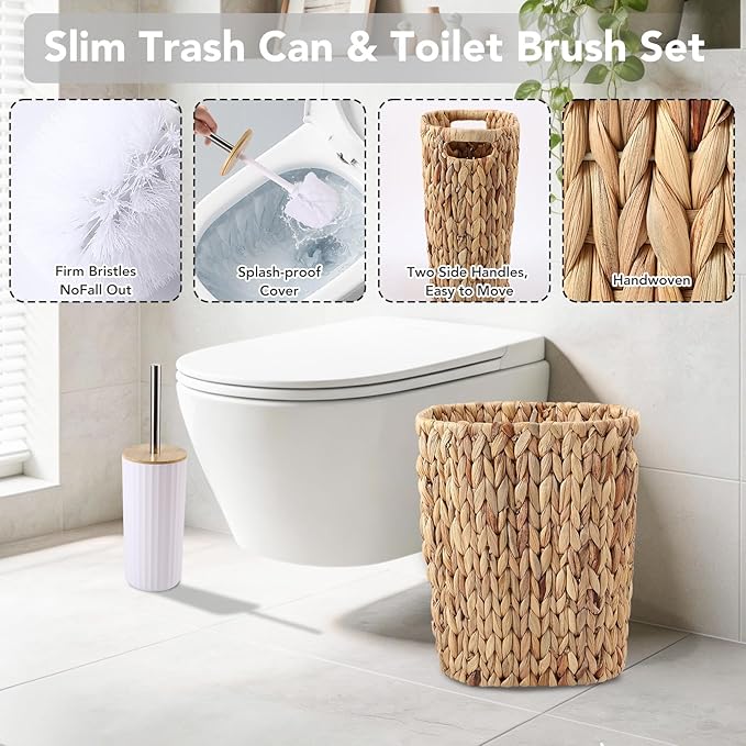 Bathroom Accessories Set, 25PCS Wicker Bathroom Accessory Set with Shower Curtain, Bath Mat, Soap Dispenser, Handwoven Trash Can & Rattan Tissue Box (White, Bath Set+Shower Curtain+Rugs)