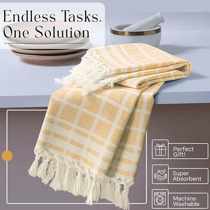 Matrix Dobby Kitchen Towels Set of 4, 100% Cotton, Combo Pack, 16"x26", Absorbent Tea Towels with Tassels, Reusable Cleaning Cloths - Rose Pink, Burgundy, Mustard Yellow, Grey