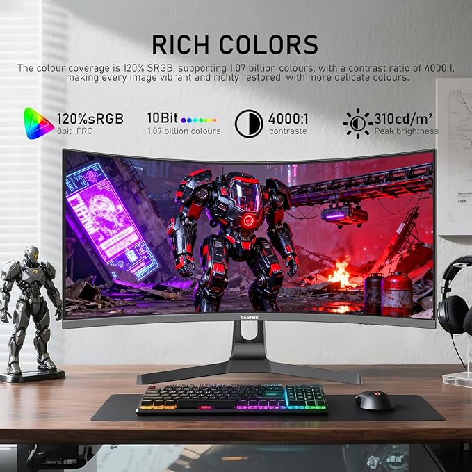 Gawfolk 34 Inch Ultrawide Curved 180Hz Gaming Computer Monitor,1500R PC Screen 21:9 UWQHD (3440x1440),120% sRGB,Adaptive Sync,178° Viewing Angle,Display Port、HDMI,Compatible with Wall mounting -Black