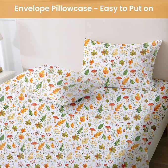 Softan Orange Floral King Size Sheet Set, Printed Microfiber Fitted Sheet with 15" Deep Pockets & Non-Slip Straps, Maple Leaves & Mushroom Patterned Bedding Sheets & Pillowcase Set
