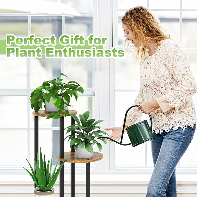 4 Tier Wood Tall Plant Stand Metal Rack Indoor, Multiple Flower Pot Holder Shelves Corner Rack, Round Planter Shelf Display Rack Storage Organizer for Patio Living Room Balcony(Black+Brown)