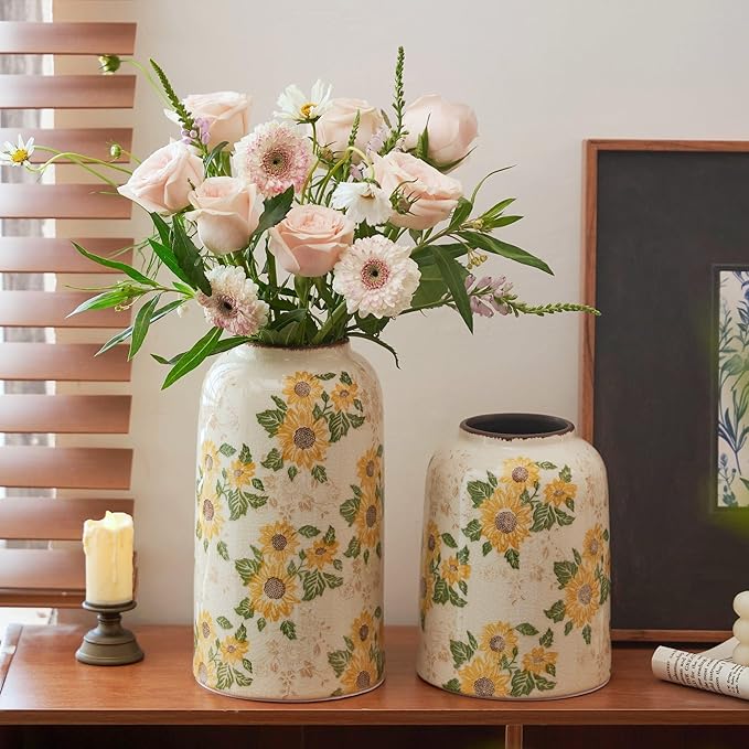 Vintage Pastoral Ceramic Vase, 10.6 inch Yellow and Beige Sunflower Floral Rustic Farmhouse Antique Retro Ice Cracked Chinoiserie Vases for Home Decor Living Room Tuscan Decor (Large)