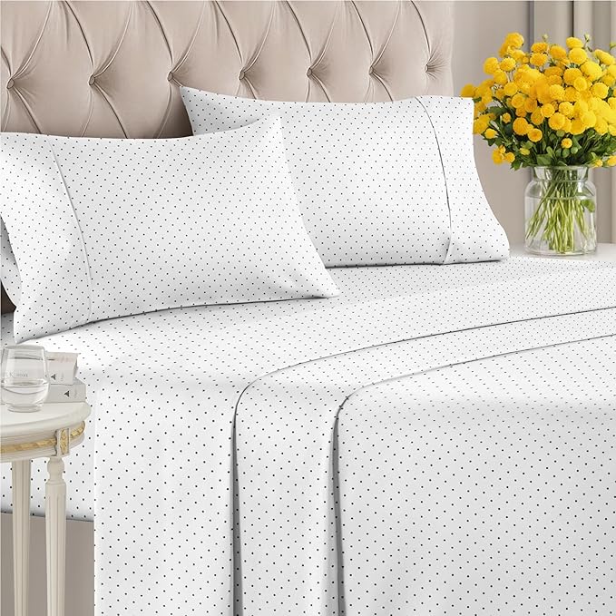 Blue Polka Dots Bed Sheet Set – 1 Flat & 1 Fitted Sheet & 2 Pillowcases w/ Deep Pockets – Polka Dot Bedding - Wrinkle & Fade Resistant - Soft, Breathable & Cooling - Comfy, Luxury Bed Set - King Size