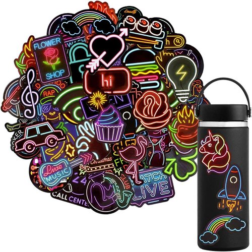 QTL Neon Stickers - Waterproof Vinyl Party Favor Stickers for Teens | 50PCS for Water Bottles & Laptops