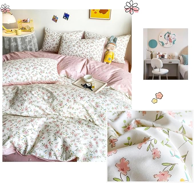 HighBuy Soft Cotton White Duvet Cover King Size Pink Floral Coquette Bedding Set King Chic Vintage Flower Comforter Cover Quilt Cover with 2 Pillowcases,Boho,King