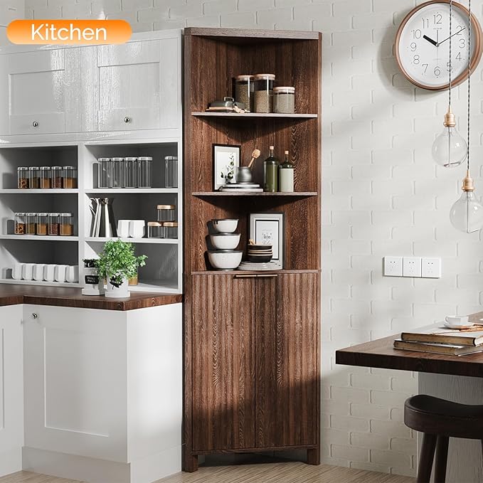 VINGLI Tall Corner Cabinet with Fluted Doors, 68" Walnut Corner Storage Cabinet with Adjustable Shelves, Freestanding Wood Corner Bookshelf for Bathroom, Living Room & Kitchen, Space-Saving