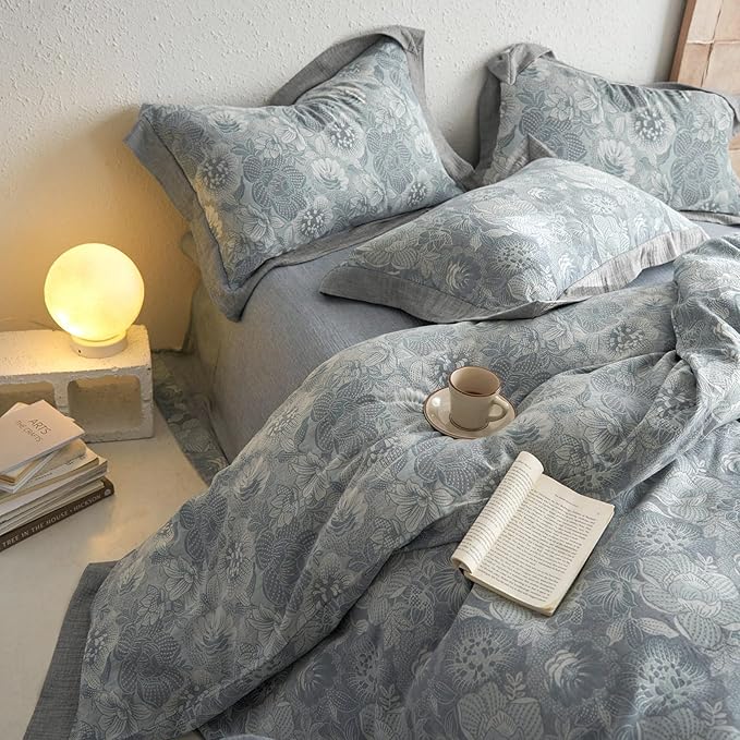 Vintage Grey Duvet Cover Queen 3 Pieces Exquisite Jacquard Flower Bedding Set Queen Yarn-Dyed Cotton Linen Duvet Cover Chic Flower Botanical Comforter Cover Farmhouse Bedding Set Breathable Soft