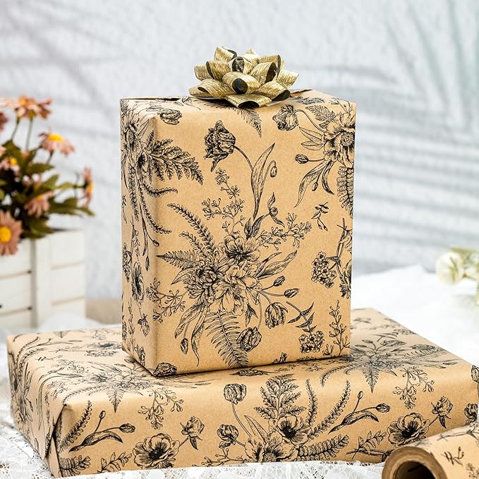 Yarcony Kraft Floral Wrapping Paper, Wildflower Wrapping Paper, Vintage Gothic Boho Black Floral Gift Wrap for Birthday, Bridal Shower, Wedding, Mother's Day, Graduation, Christmas (17 In X 33 Ft)