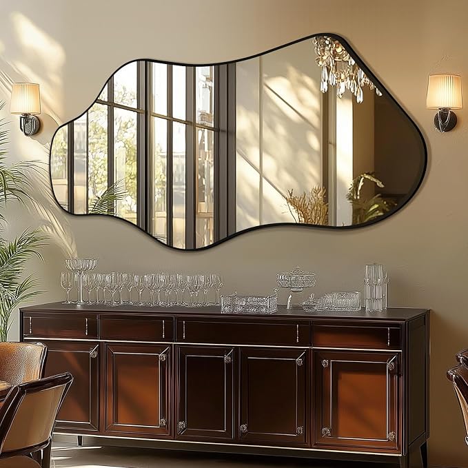 Mirrorons Irregular Wall Mirror 51×28, Black Asymmetrical Decorative Bathroom Mirror, Cloud Mirror, Modern Vanity Mirror, Shatterproof Black Mirror